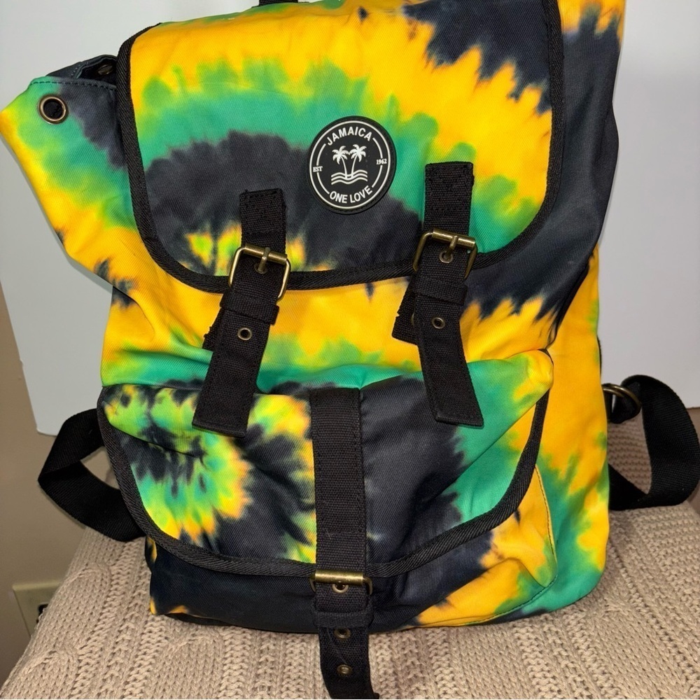 Jamaica One Love Backpack Tie-dye Yellow, Green, Black Strap Buckle Close